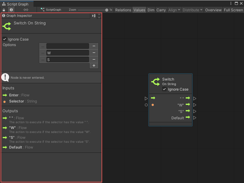 The Graph Inspector with a Switch on String node selected
